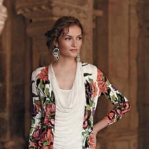 Anthropologie Cotton Vibrant Floral Open-Front Cardigan Size L